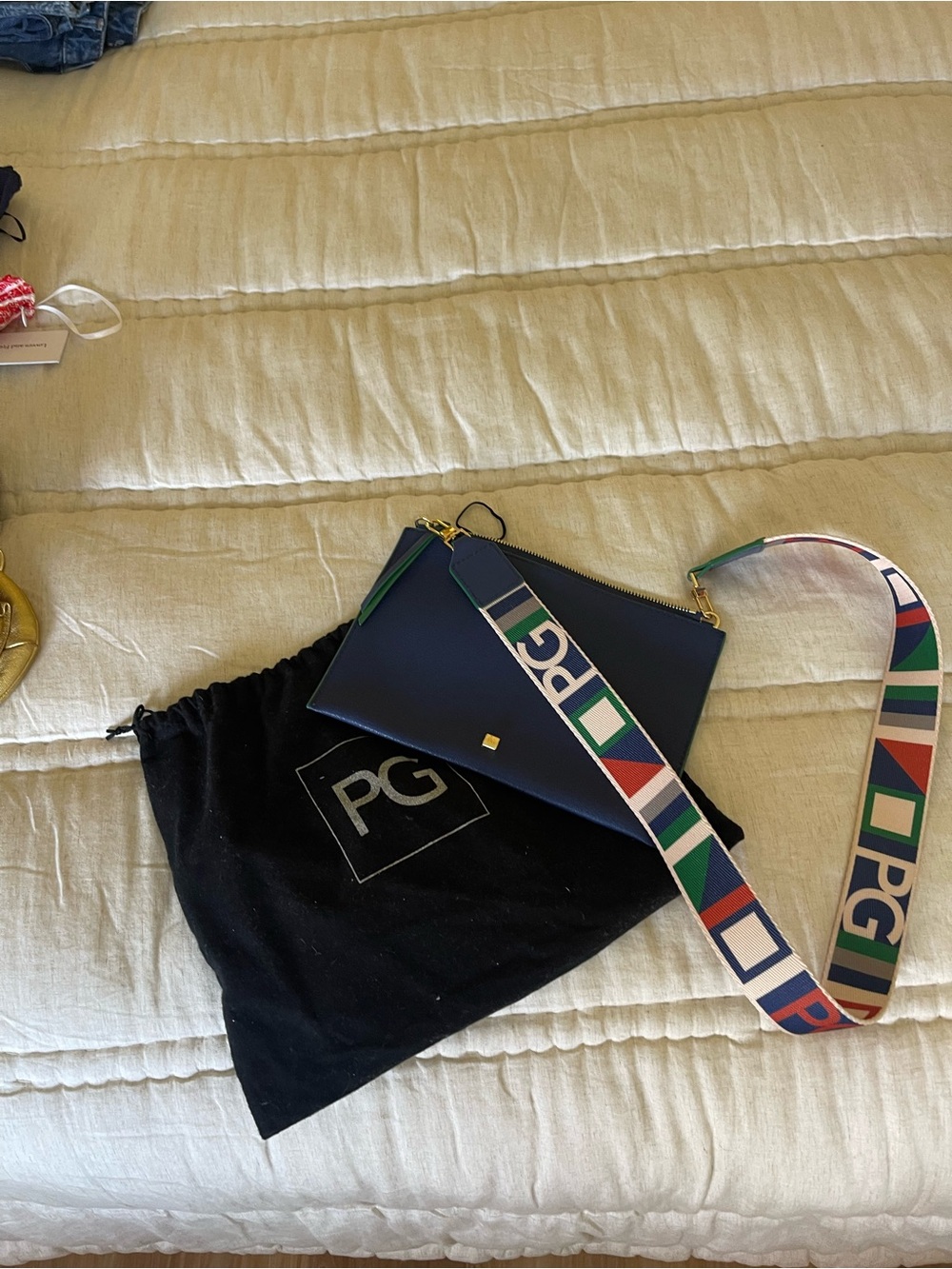 PG Navy Leather Crossbody with Multicolor Logo Strap